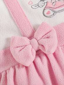 女嬰卡通圖案前蝴蝶結二合一連身褲＆ 頭巾 - 彩色 - 查看 3