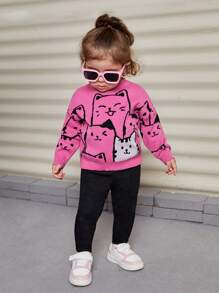 Baby Girl Round Neck Long Sleeve Cute Cat Jacquard Knit Pullover Sweater - Hot Pink - View 3