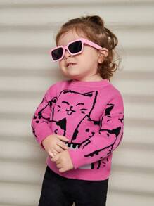 Baby Girl Round Neck Long Sleeve Cute Cat Jacquard Knit Pullover Sweater - Hot Pink - View 4