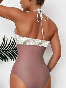 Tropical Print Ruched Halter One Piece Swimsuit - Dusty Pink - View 2