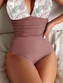 Tropical Print Ruched Halter One Piece Swimsuit - Dusty Pink - View 3