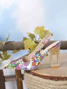 Women's Fashionable Color Block Chunky Heel Shoes With Ankle Straps - Multicolor - View 3