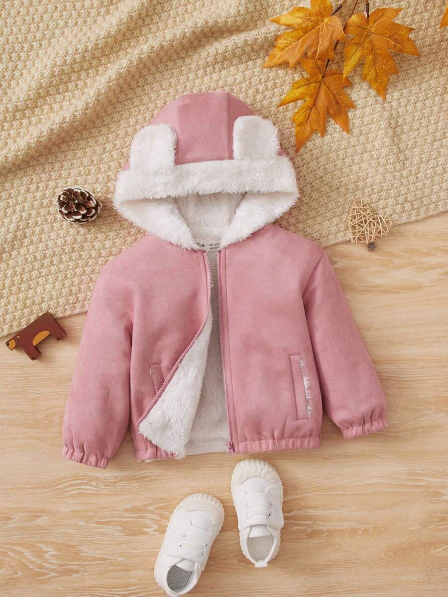 SHEIN Baby Girls' Casual Faux Suede Hooded Thickened Coat, Medium Thickness - Pink - View 1