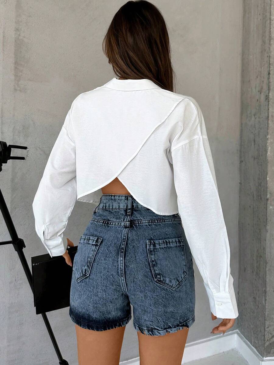 RueChic Solid Drop Shoulder Button Up Shirt - White - View 1