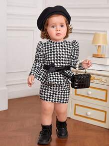 SHEIN Đứa bé gái In Houndstooth Ống tay áo Váy có thắt lưng - Đen và trắng - Xem 1