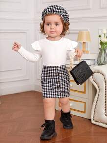 SHEIN Đứa bé gái In Houndstooth Viền Ruffle Đầm & Mũ - Đen và trắng - Xem 1