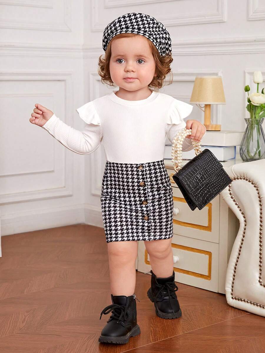 SHEIN Đứa bé gái In Houndstooth Viền Ruffle Đầm & Mũ - Đen và trắng - Xem 1