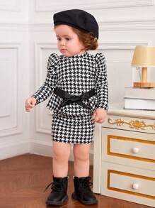 SHEIN Đứa bé gái In Houndstooth Ống tay áo Váy có thắt lưng - Đen và trắng - Xem 3