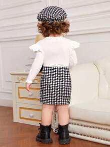 SHEIN Đứa bé gái In Houndstooth Viền Ruffle Đầm & Mũ - Đen và trắng - Xem 2