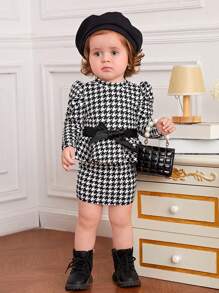 SHEIN Đứa bé gái In Houndstooth Ống tay áo Váy có thắt lưng - Đen và trắng - Xem 4