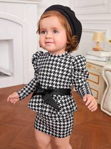 SHEIN Đứa bé gái In Houndstooth Ống tay áo Váy có thắt lưng - Đen và trắng - Xem 5