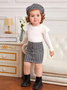 SHEIN Đứa bé gái In Houndstooth Viền Ruffle Đầm & Mũ - Đen và trắng - Xem 4