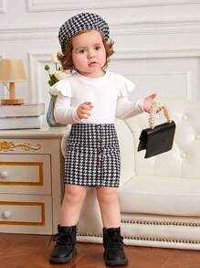 SHEIN Đứa bé gái In Houndstooth Viền Ruffle Đầm & Mũ - Đen và trắng - Xem 5