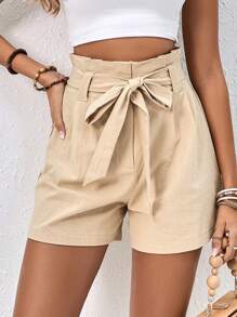 SHEIN Frenchy Paperbag Waist Belted Shorts - Apricot - View 1
