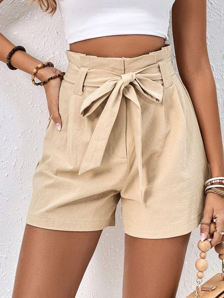SHEIN Frenchy Paperbag Waist Belted Shorts - Apricot - View 1