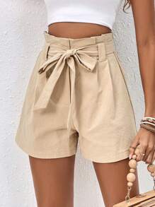 SHEIN Frenchy Paperbag Waist Belted Shorts - Apricot - View 3