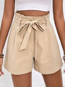 SHEIN Frenchy Paperbag Waist Belted Shorts - Apricot - View 4
