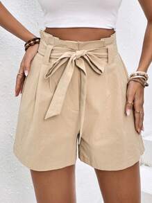 SHEIN Frenchy Paperbag Waist Belted Shorts - Apricot - View 6