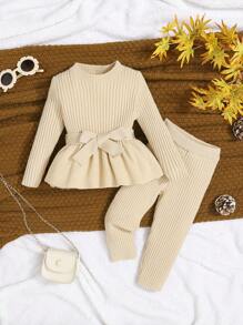 SHEIN 女嬰可愛搭配圓領長袖套頭毛衣和長褲套裝 - 杏色 - 查看 1