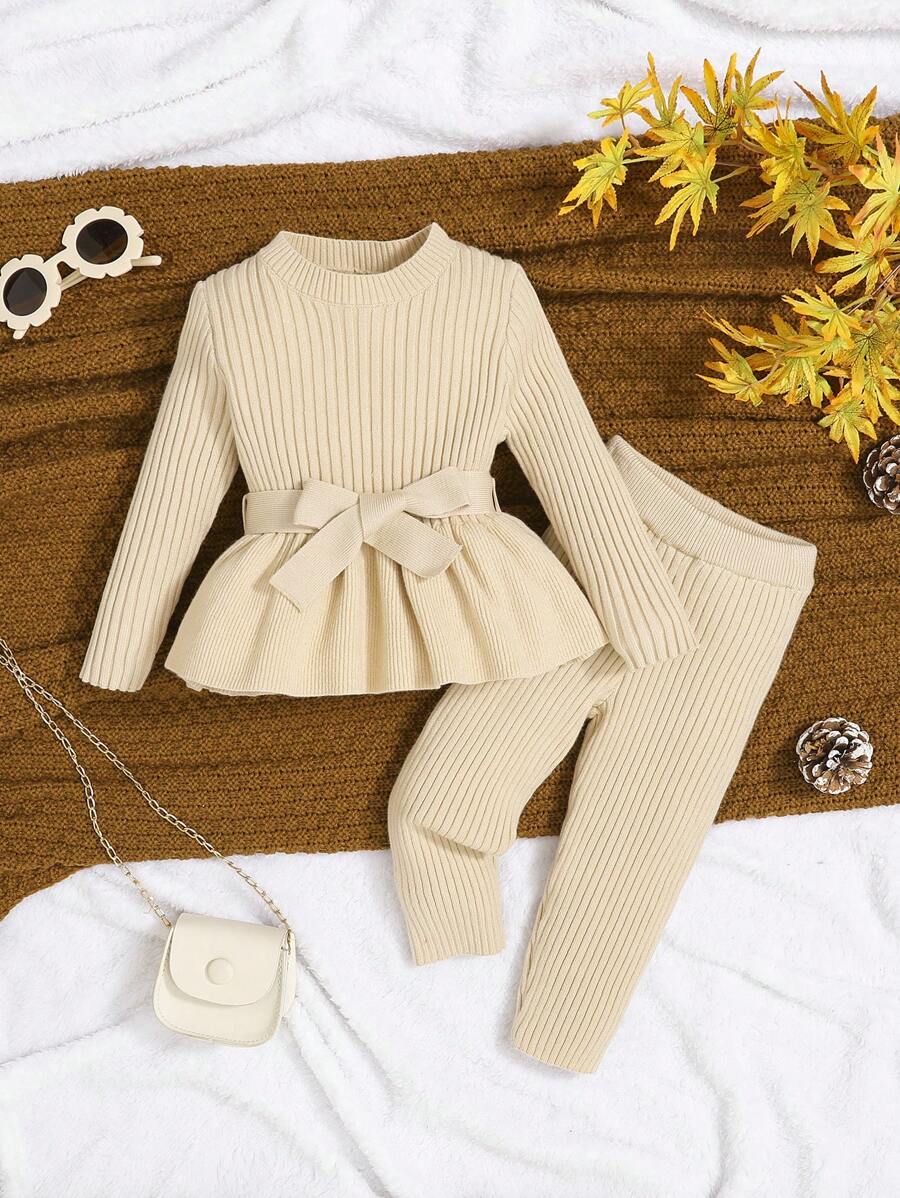 SHEIN 女嬰可愛搭配圓領長袖套頭毛衣和長褲套裝 - 杏色 - 查看 1