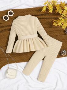 SHEIN 女嬰可愛搭配圓領長袖套頭毛衣和長褲套裝 - 杏色 - 查看 2