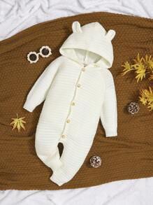 SHEIN 女婴可爱连帽长袖针织开衫 - 米色 - 查看 1