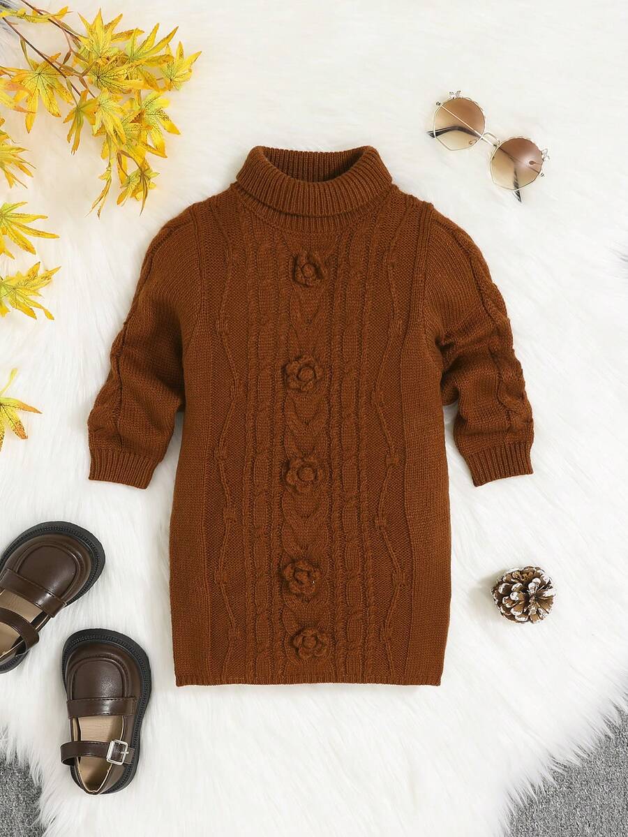 SHEIN Đứa bé gái Giải trí Cổ áo cao Áo chui đầu Đầm Áo len Với Tay áo dài - Rỉ Nâu - Xem 1