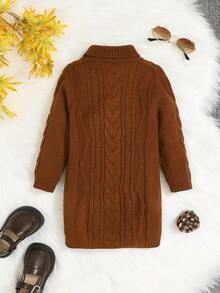 SHEIN Đứa bé gái Giải trí Cổ áo cao Áo chui đầu Đầm Áo len Với Tay áo dài - Rỉ Nâu - Xem 2
