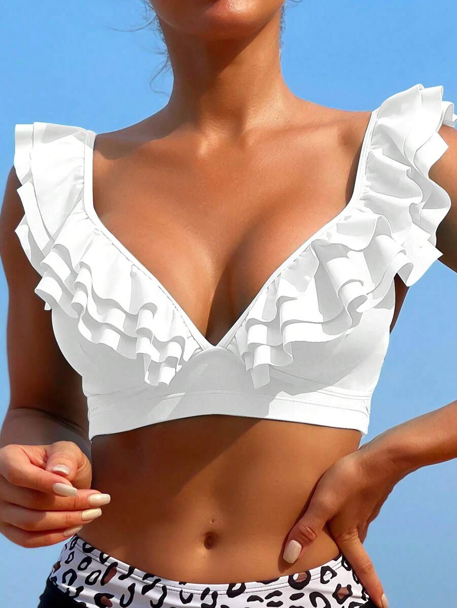 SHEIN Swim Summer Beach Ruffle Trim Bikini Top - White - View 1
