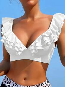 SHEIN Swim Summer Beach Ruffle Trim Bikini Top - White - View 3