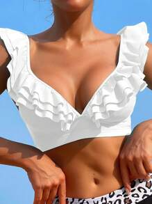 SHEIN Swim Summer Beach Ruffle Trim Bikini Top - White - View 4