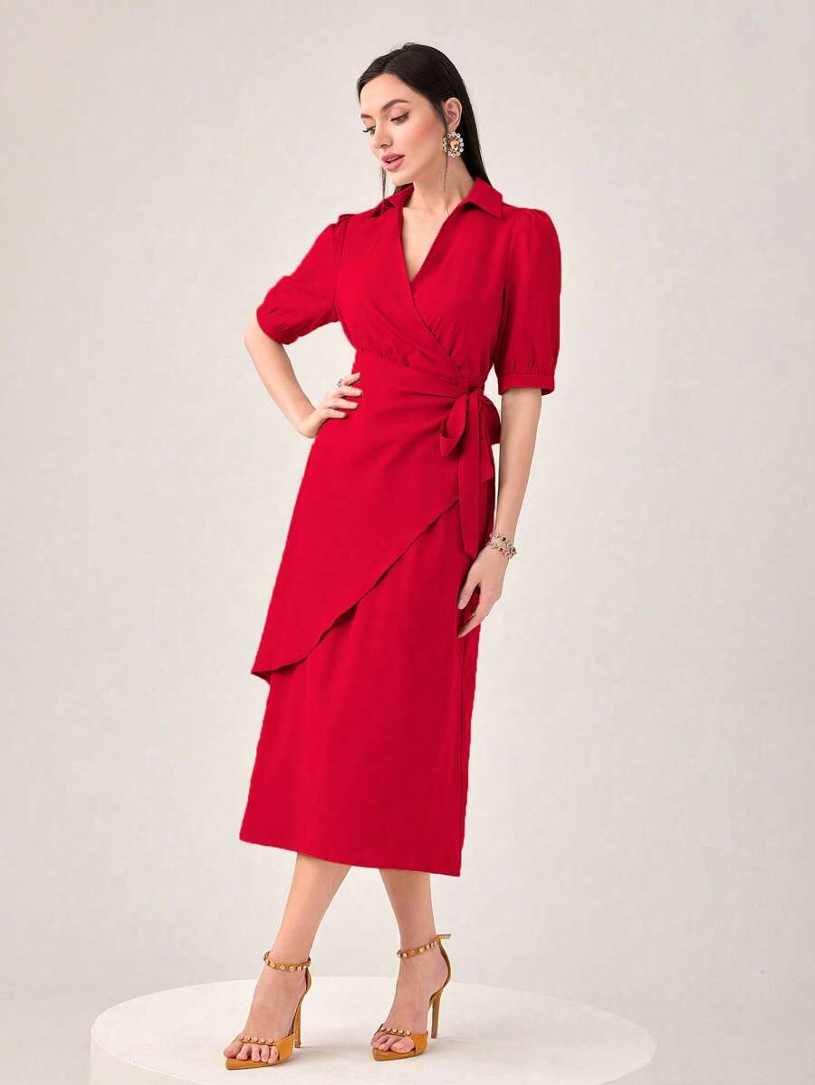 Modelyn 泡泡袖圍裹側打結連衣裙 - 紅色 - 查看 1