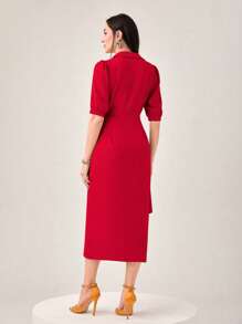 Modelyn 泡泡袖圍裹側打結連衣裙 - 紅色 - 查看 2