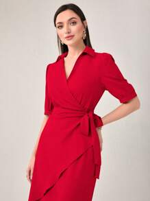 Modelyn 泡泡袖圍裹側打結連衣裙 - 紅色 - 查看 3