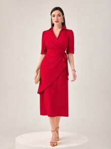 Modelyn 泡泡袖圍裹側打結連衣裙 - 紅色 - 查看 4