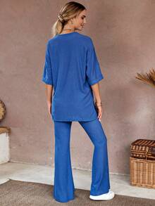EURMUSE Drop Shoulder Tee & Flare Leg Trousers - Blue - View 2