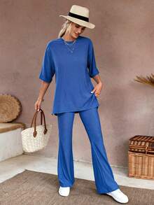 EURMUSE Drop Shoulder Tee & Flare Leg Trousers - Blue - View 4