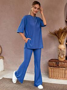 EURMUSE Drop Shoulder Tee & Flare Leg Trousers - Blue - View 5