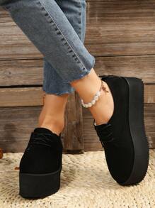 Women's Thick Sole Black Platform Shoes With Lace-up Design - Black - View 1
