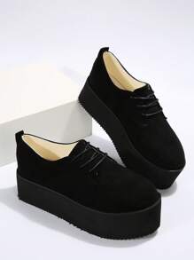 Women's Thick Sole Black Platform Shoes With Lace-up Design - Black - View 2