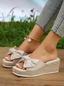 Vrouwen Geweven Stro Sandalen Met Hoge hakken , Dik Platform En Vakantie Stijl: - Beige - Bekijken 1