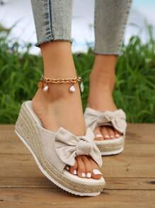 Vrouwen Geweven Stro Sandalen Met Hoge hakken , Dik Platform En Vakantie Stijl: - Beige - Bekijken 2