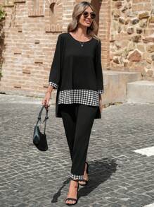 EMERY ROSE Houndstooth Print High Low Hem Top & Trousers - Black - View 1