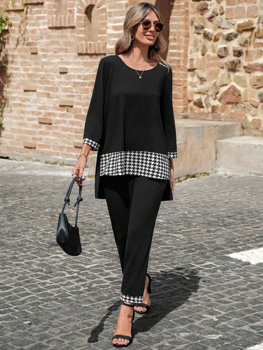 EMERY ROSE Houndstooth Print High Low Hem Top & Trousers - Black - View 1