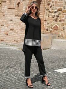 EMERY ROSE Houndstooth Print High Low Hem Top & Trousers - Black - View 3