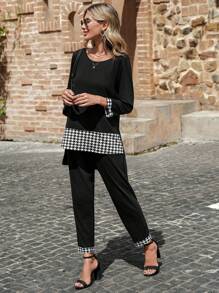 EMERY ROSE Houndstooth Print High Low Hem Top & Trousers - Black - View 4