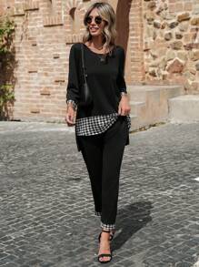 EMERY ROSE Houndstooth Print High Low Hem Top & Trousers - Black - View 5