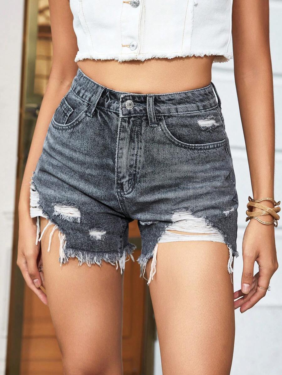 SHEIN Essnce Quần short denim với các đường viền thô rách - Xám - Xem 1