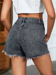 SHEIN Essnce Quần short denim với các đường viền thô rách - Xám - Xem 2