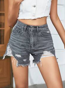 SHEIN Essnce Quần short denim với các đường viền thô rách - Xám - Xem 5